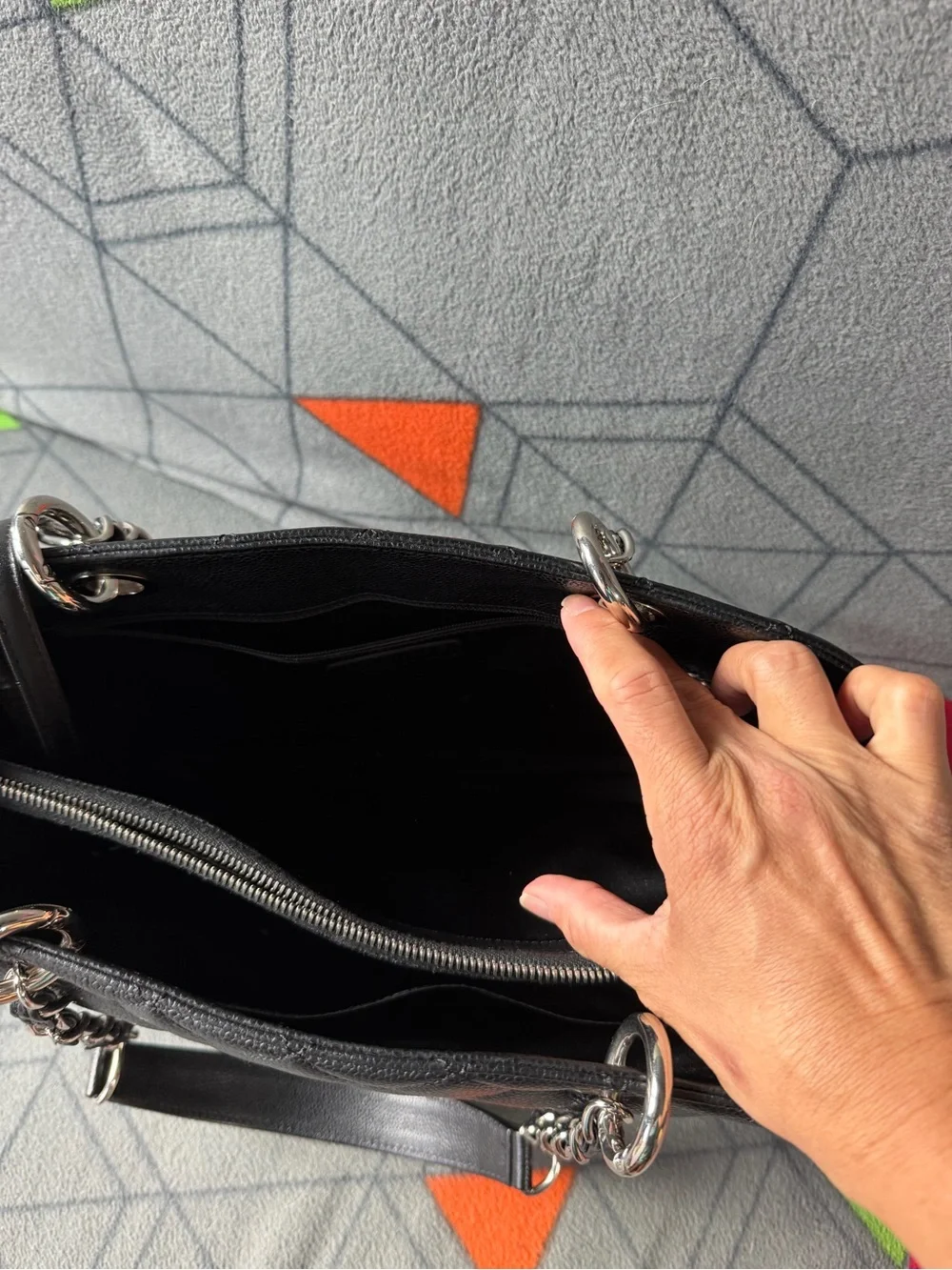 CHANEL Black Quilted Caviar Leather Shoulder Bag with Silver Chain Straps/ GST